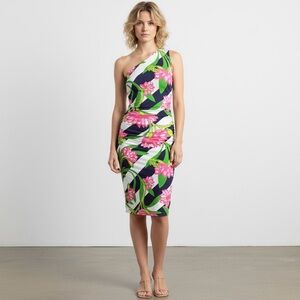Lilly Pulitzer Madison One Shoulder Pink & Green Striped Floral Print Midi Dress